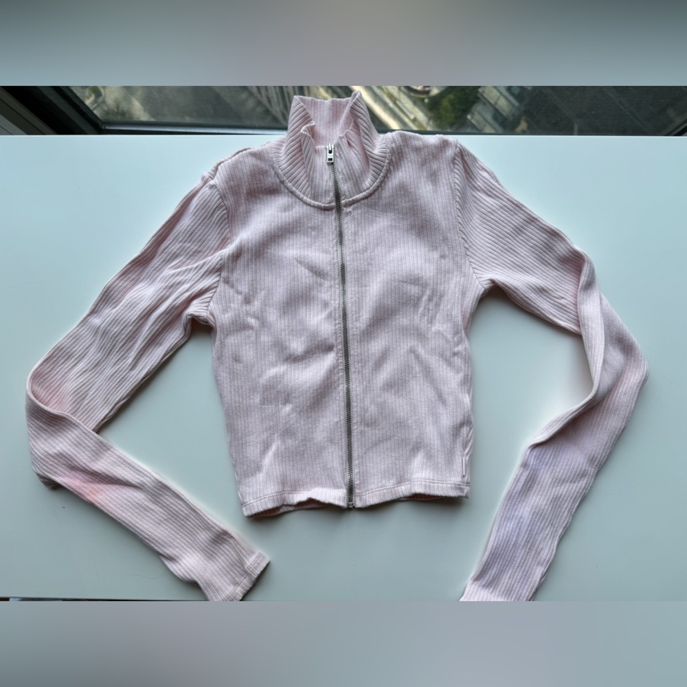TNA Pink Ribbed Zip-Up Waist Jacket Aritzia Small